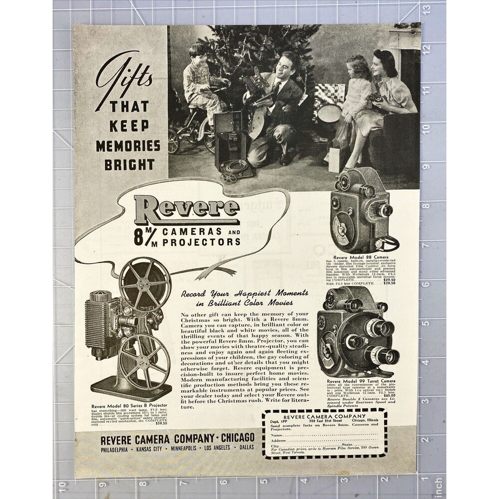 Revere Camera Co. "Gifts that Keep Memories Bright" Vintage Print Ad 1941
